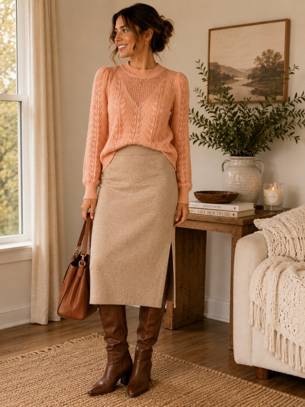 LOFT Peach Pointelle Open Knit Puff Sleeve Sweater XS